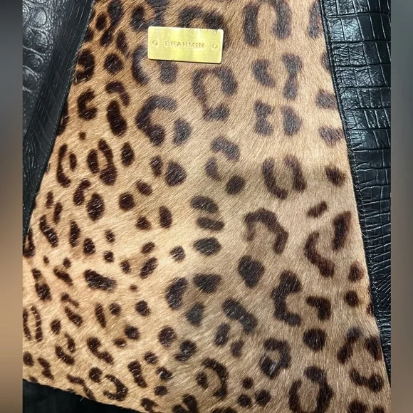 🐆🖤Vintage BRAHMIN Leopard print calf hair & Genuine Leather Shopper Tote Bag🐆EUC - Picture 15 of 17